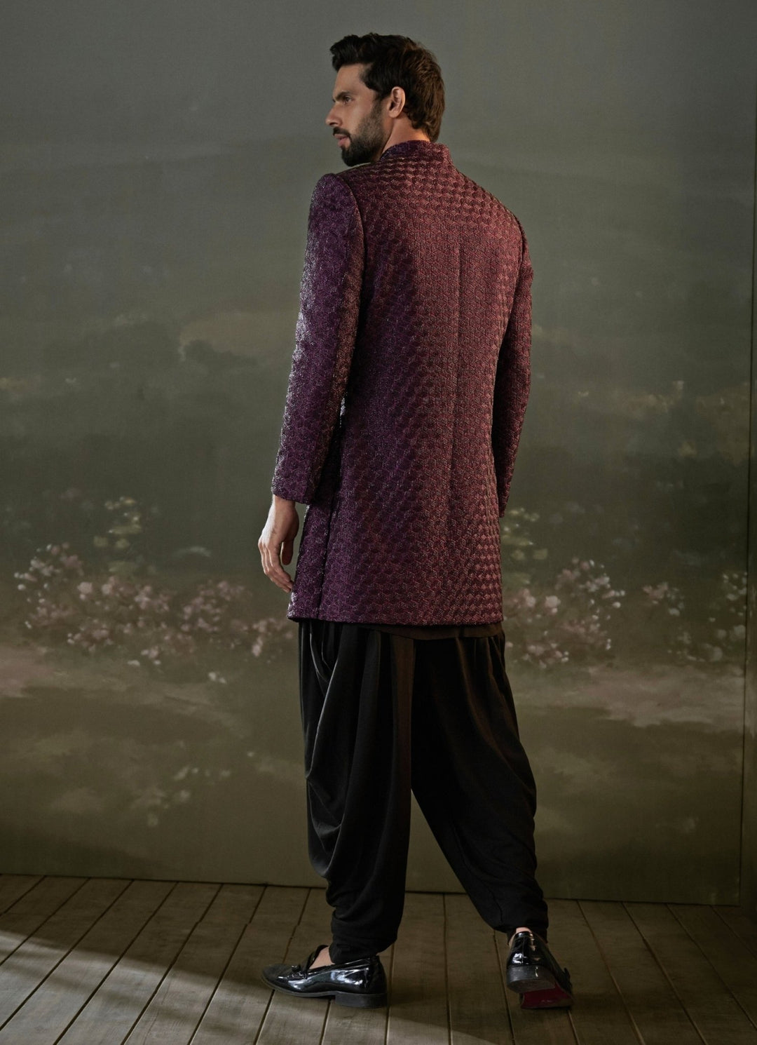 Purple and Black Raw Silk Sherwani Set Nitika Gujral - Men - Fabilicious Fashion