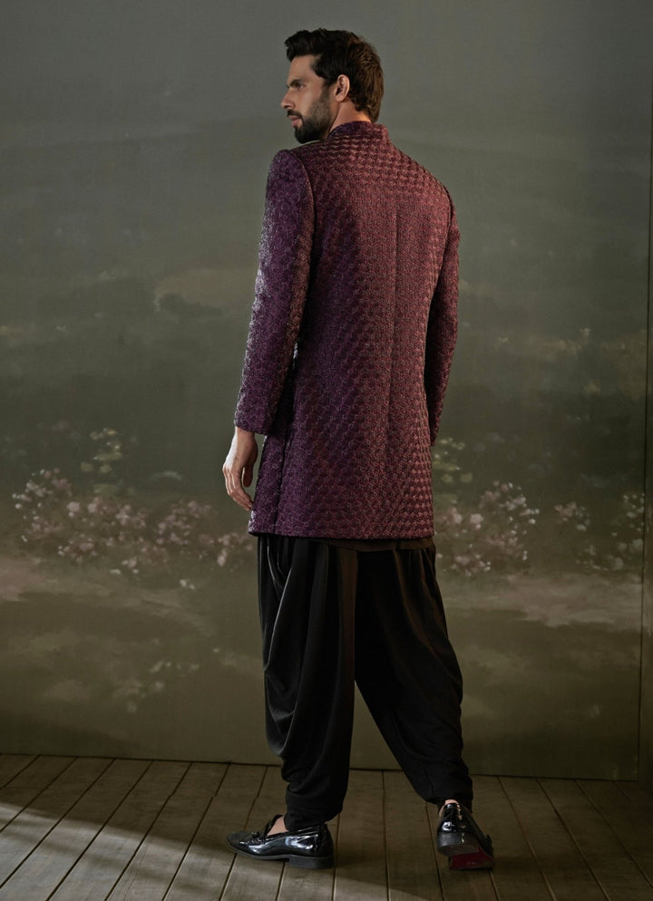 Purple and Black Raw Silk Sherwani Set Nitika Gujral - Men - Fabilicious Fashion