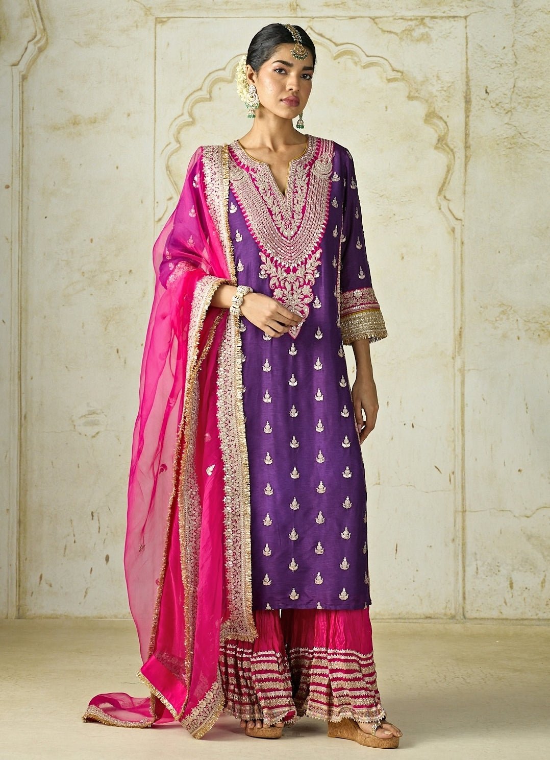 Gopi Vaid Purple And Hot Pink Tussar Kurta Sharara SetFabilicious Fashion