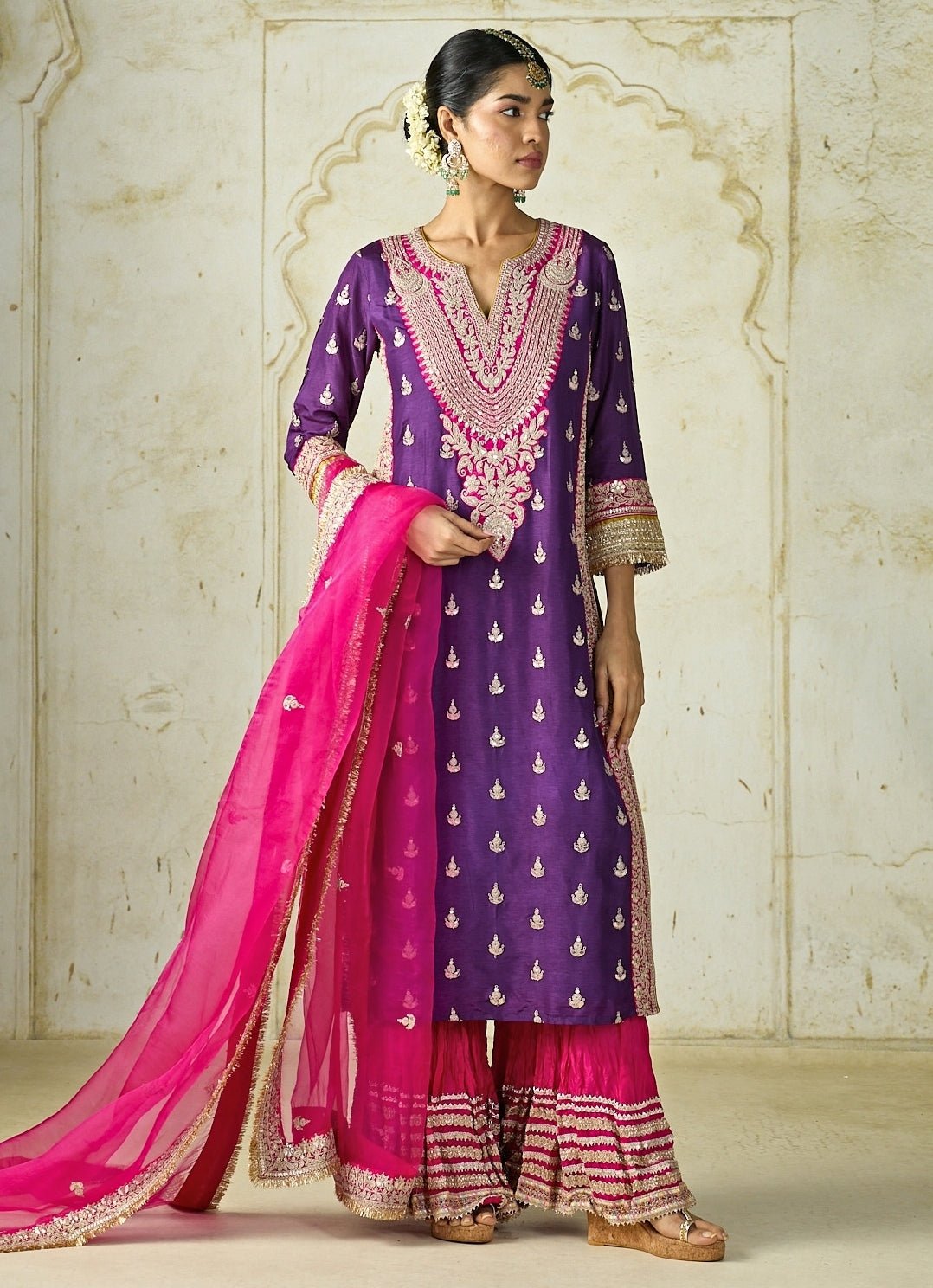 Gopi Vaid Purple And Hot Pink Tussar Kurta Sharara SetFabilicious Fashion