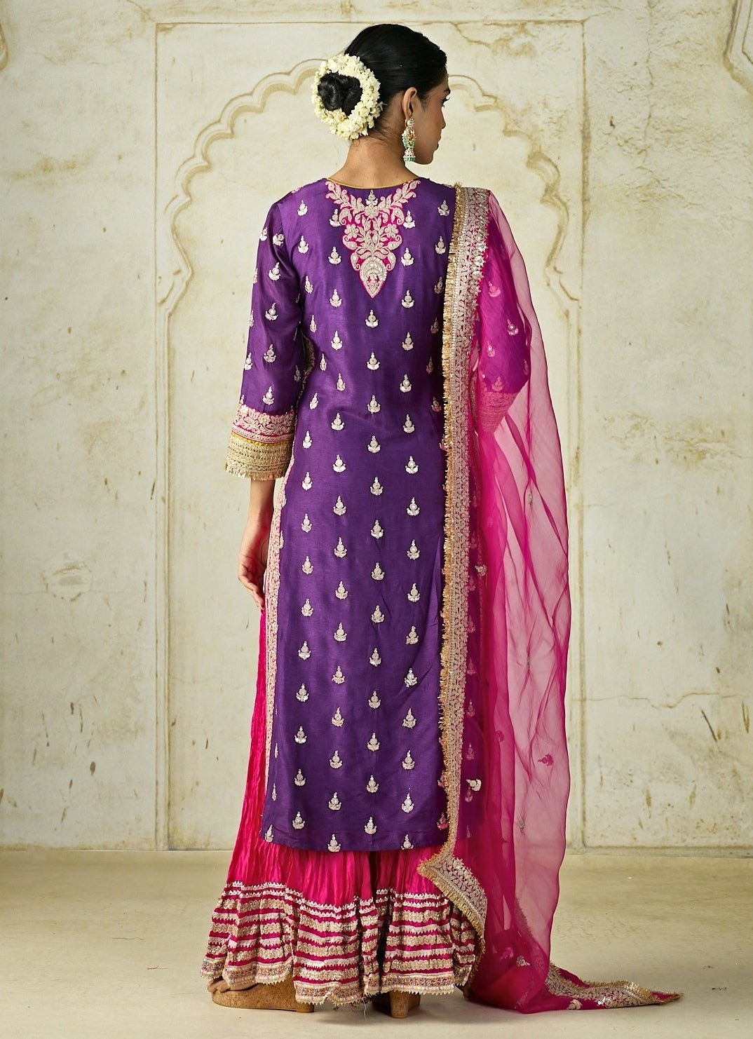 Gopi Vaid Purple And Hot Pink Tussar Kurta Sharara SetFabilicious Fashion