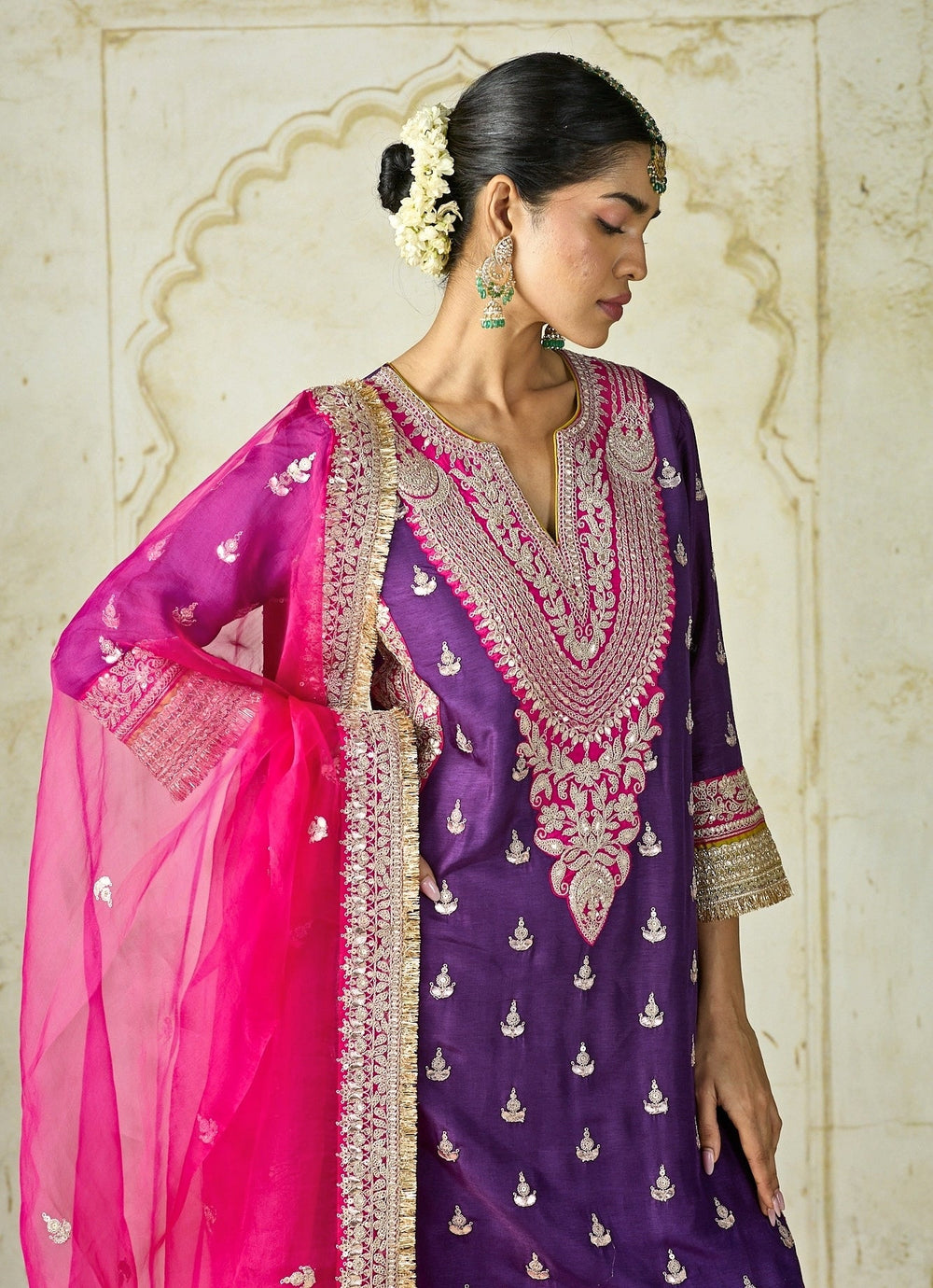 Gopi Vaid Purple And Hot Pink Tussar Kurta Sharara SetFabilicious Fashion