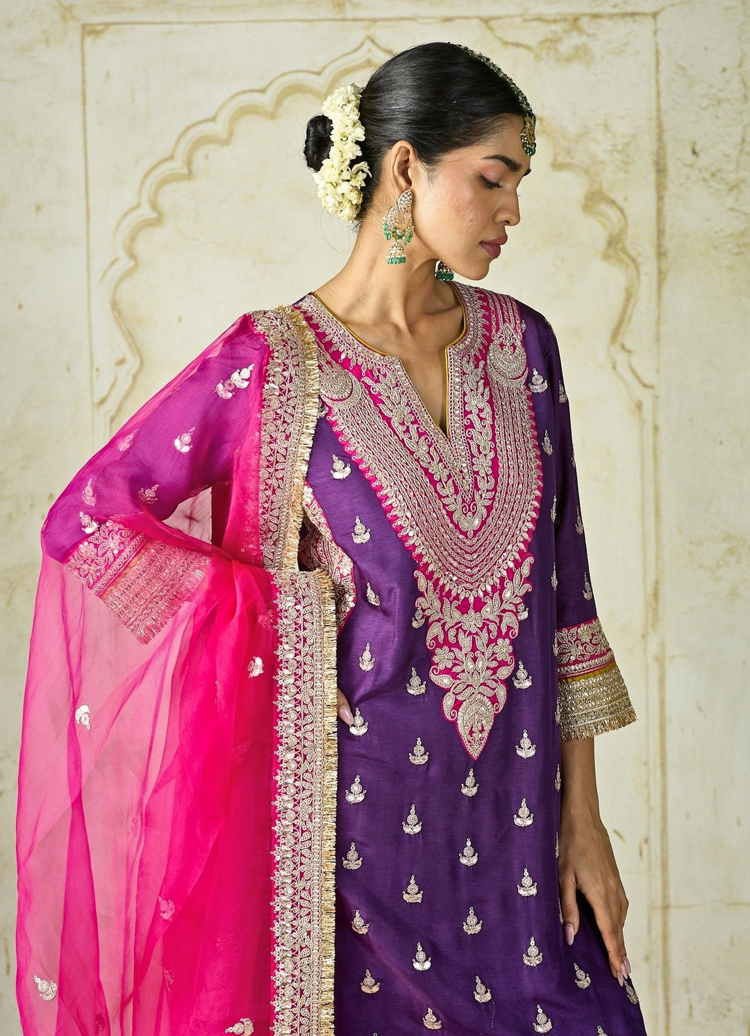 Gopi Vaid Purple And Hot Pink Tussar Kurta Sharara SetFabilicious Fashion