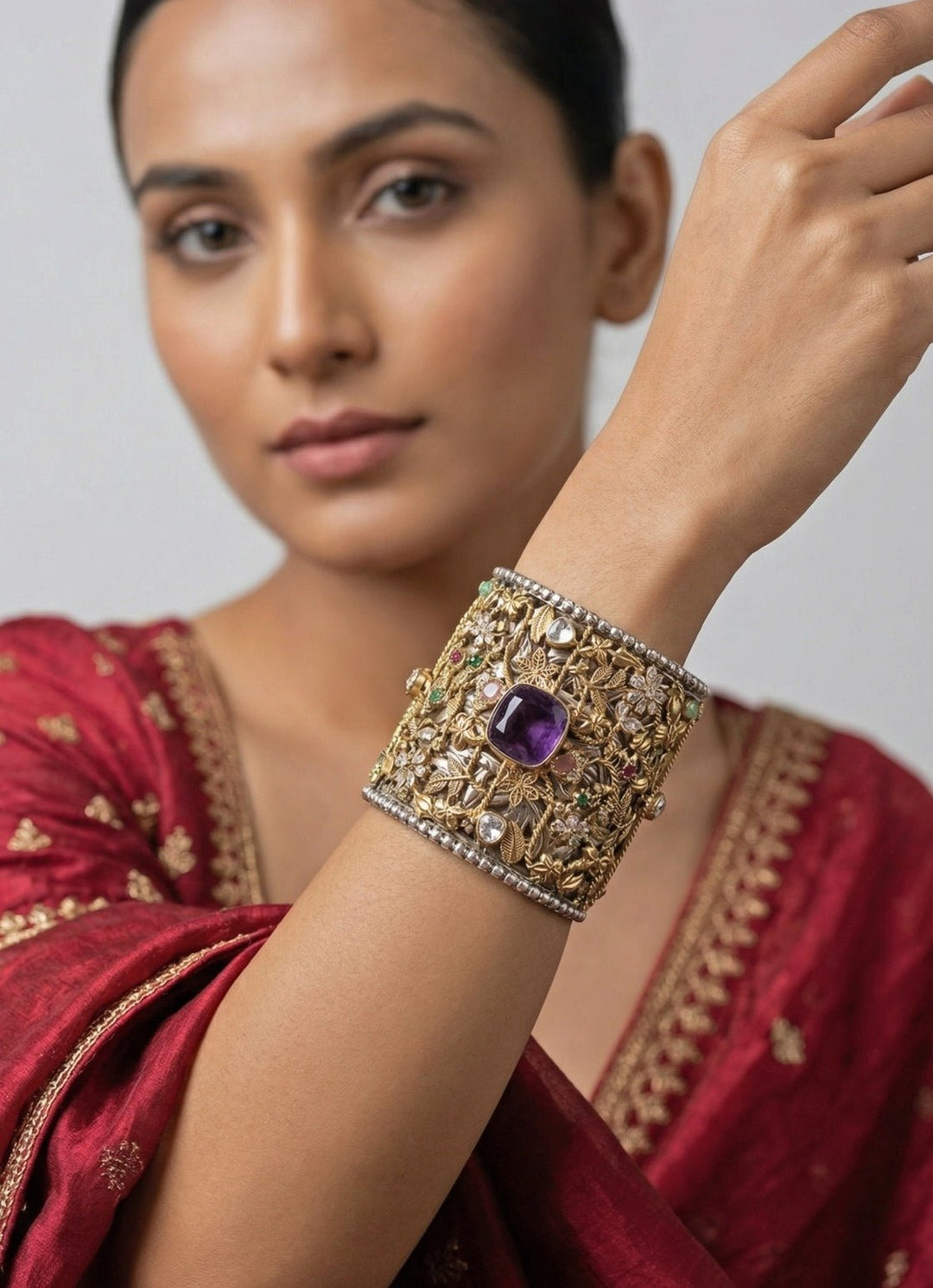 Zevar by Geeta Purple And Multicolor Stone Gold Plated Cuff BraceletFabilicious Fashion