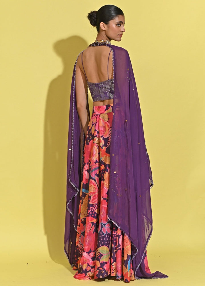 Rishi And Vibhuti Purple And Pink Printed Crepe Lehenga SetFabilicious Fashion