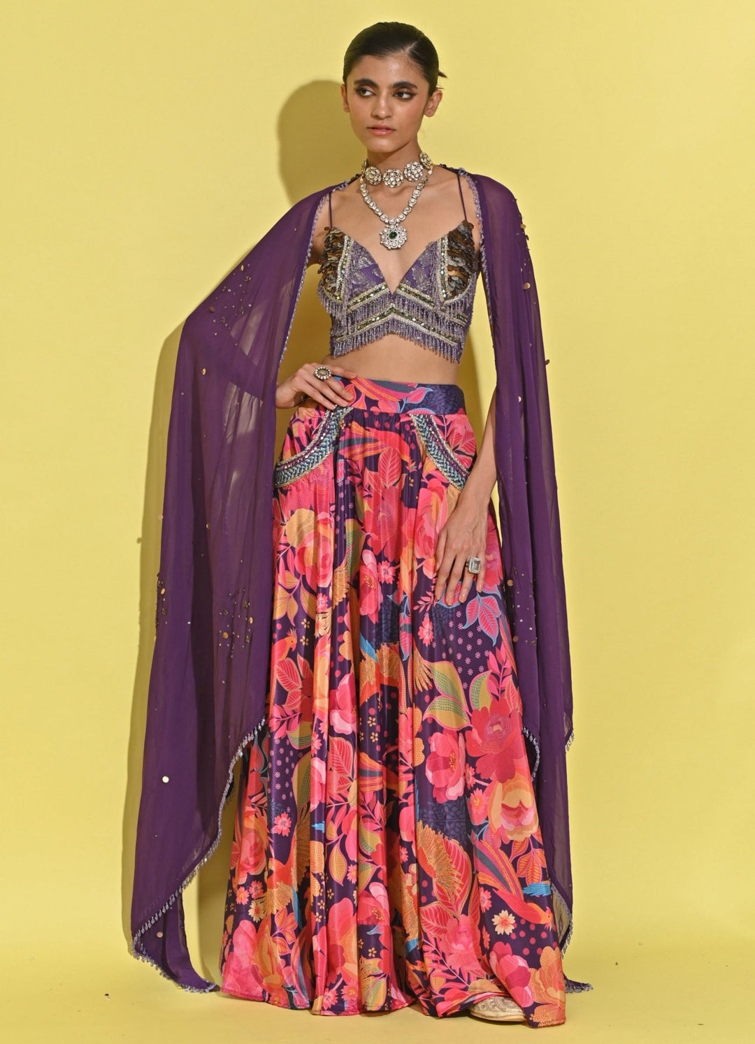 Rishi And Vibhuti Purple And Pink Printed Crepe Lehenga SetFabilicious Fashion