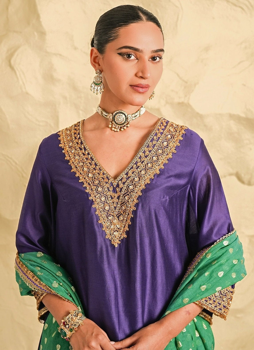 Nidhika Shekhar Purple And Rama Green Chanderi Kurta Pants SetFabilicious Fashion