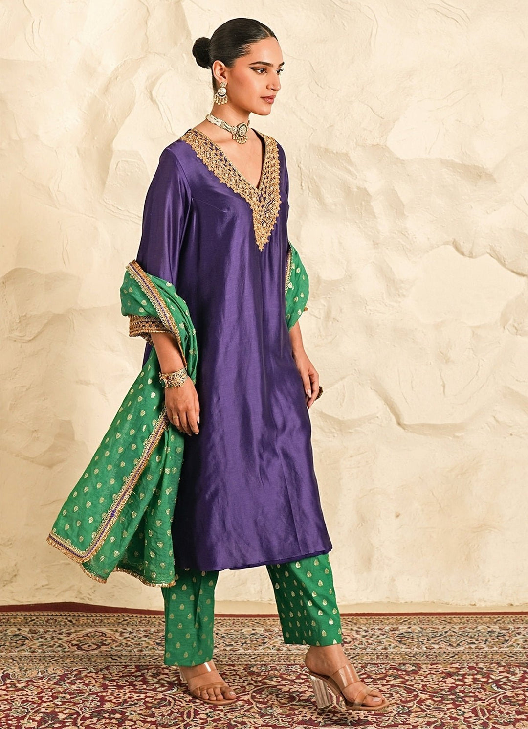 Nidhika Shekhar Purple And Rama Green Chanderi Kurta Pants SetFabilicious Fashion