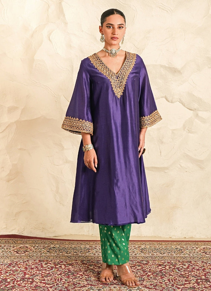 Nidhika Shekhar Purple And Rama Green Chanderi Kurta Pants SetFabilicious Fashion