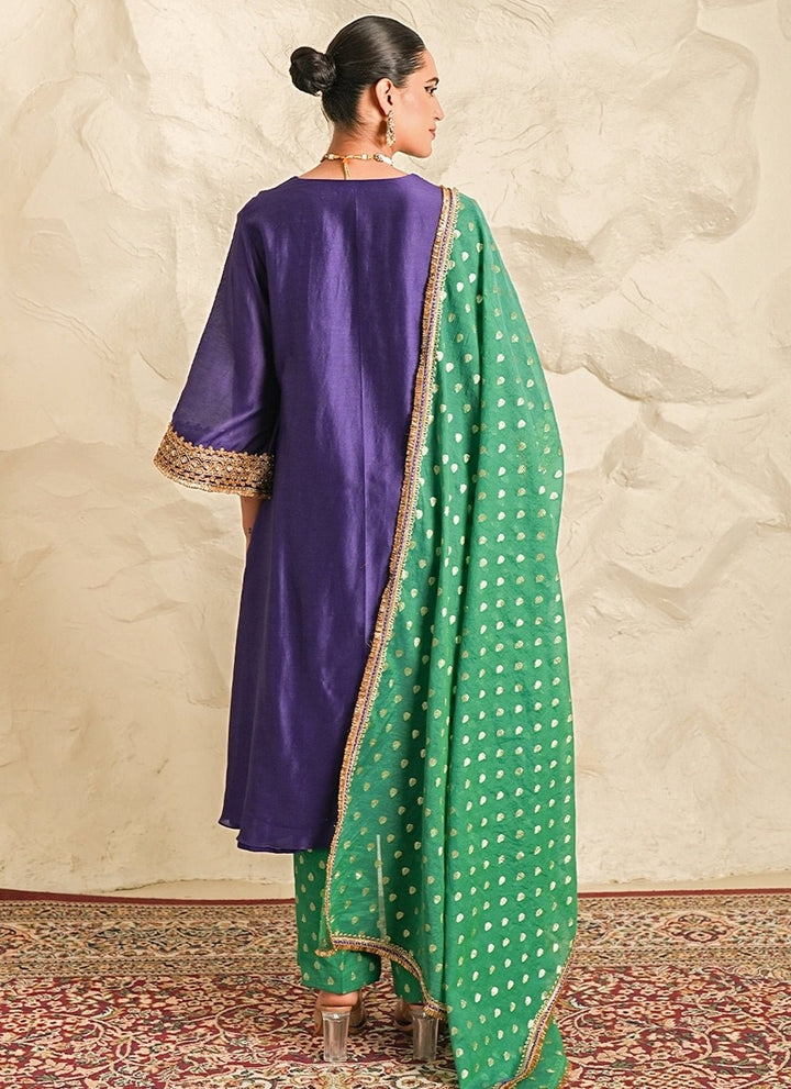 Nidhika Shekhar Purple And Rama Green Chanderi Kurta Pants SetFabilicious Fashion