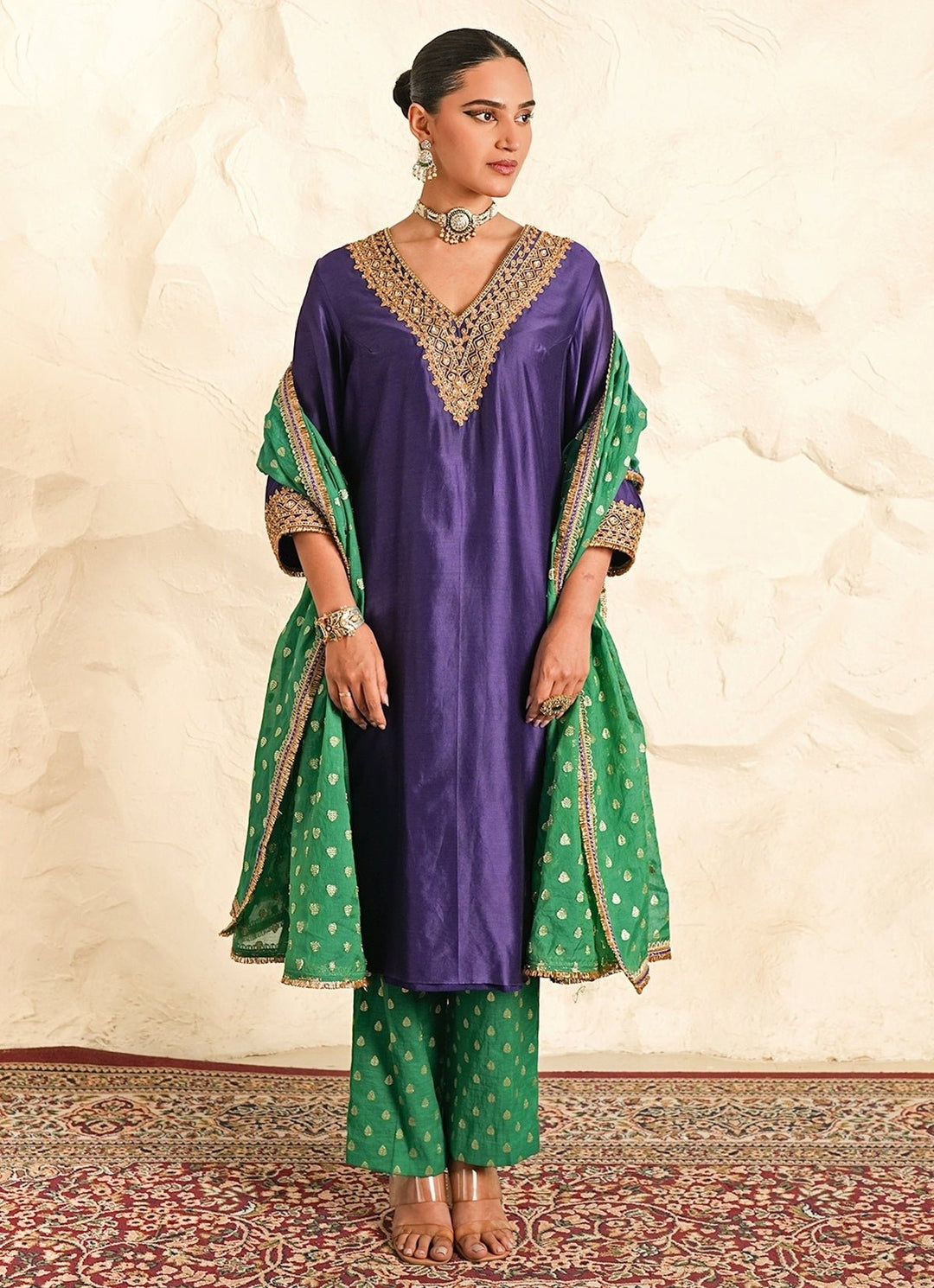 Nidhika Shekhar Purple And Rama Green Chanderi Kurta Pants SetFabilicious Fashion