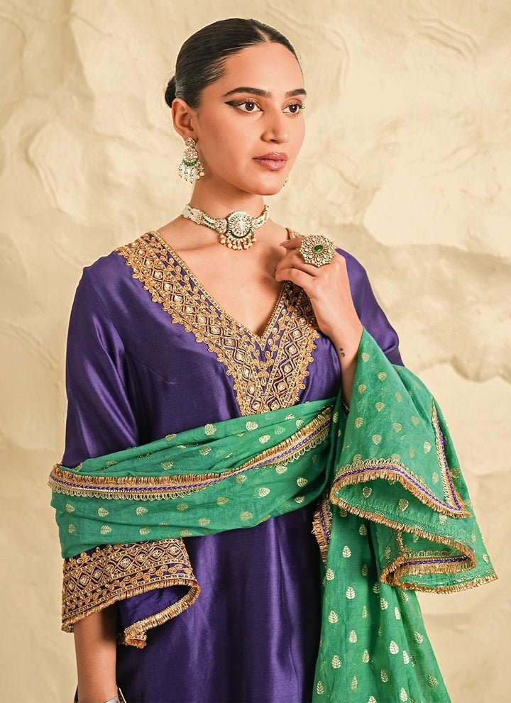 Nidhika Shekhar Purple And Rama Green Chanderi Kurta Pants SetFabilicious Fashion