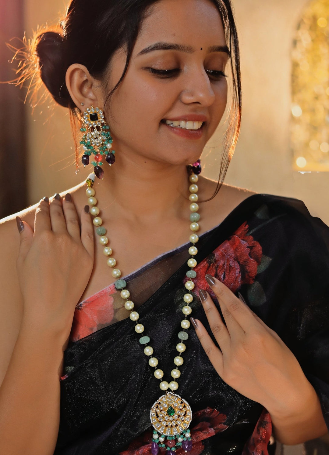 Purple and Sea Green Beaded Necklace Set Riana by Shikha Jindal - Fabilicious Fashion