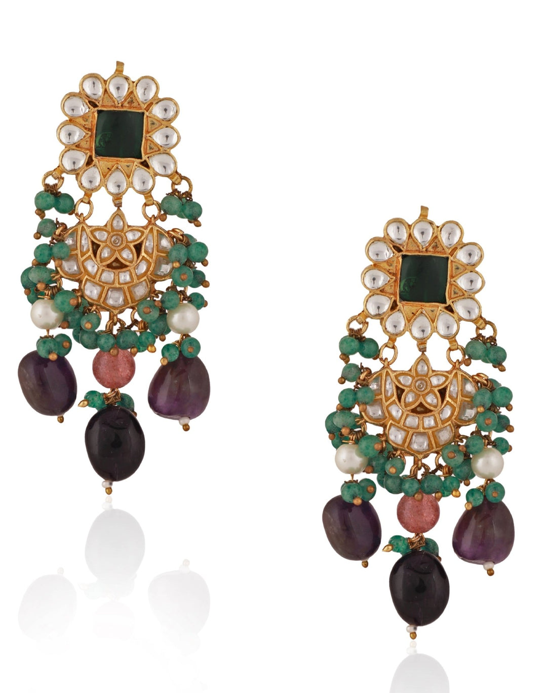 Purple and Sea Green Beaded Party Wear Earrings Riana by Shikha Jindal - Fabilicious Fashion