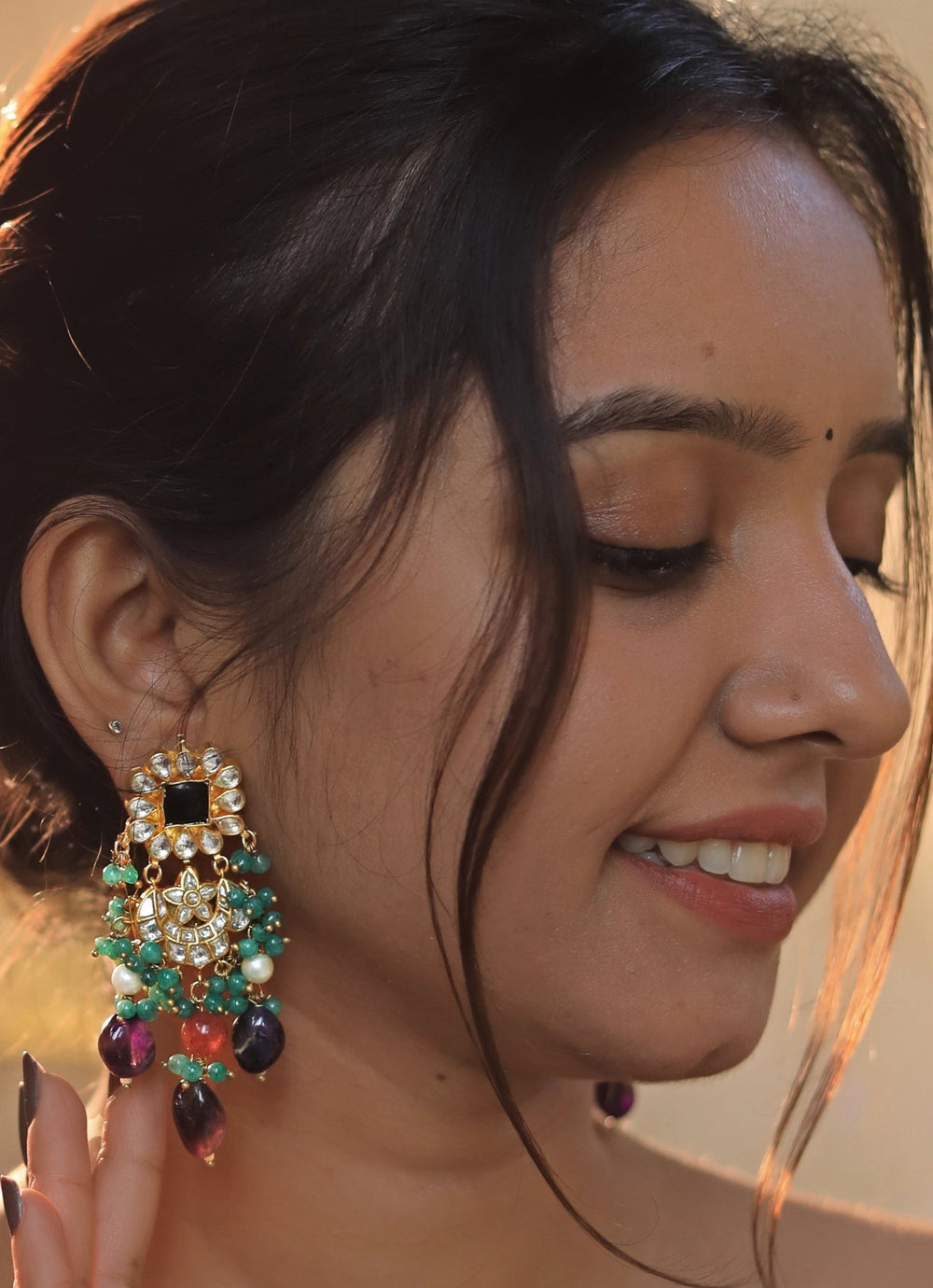 Purple and Sea Green Beaded Party Wear Earrings Riana by Shikha Jindal - Fabilicious Fashion