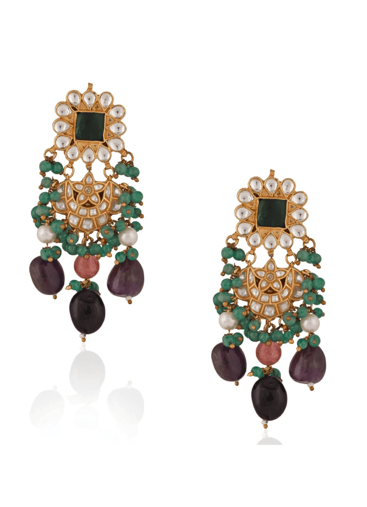 Purple and Sea Green Beaded Party Wear Earrings Riana by Shikha Jindal - Fabilicious Fashion