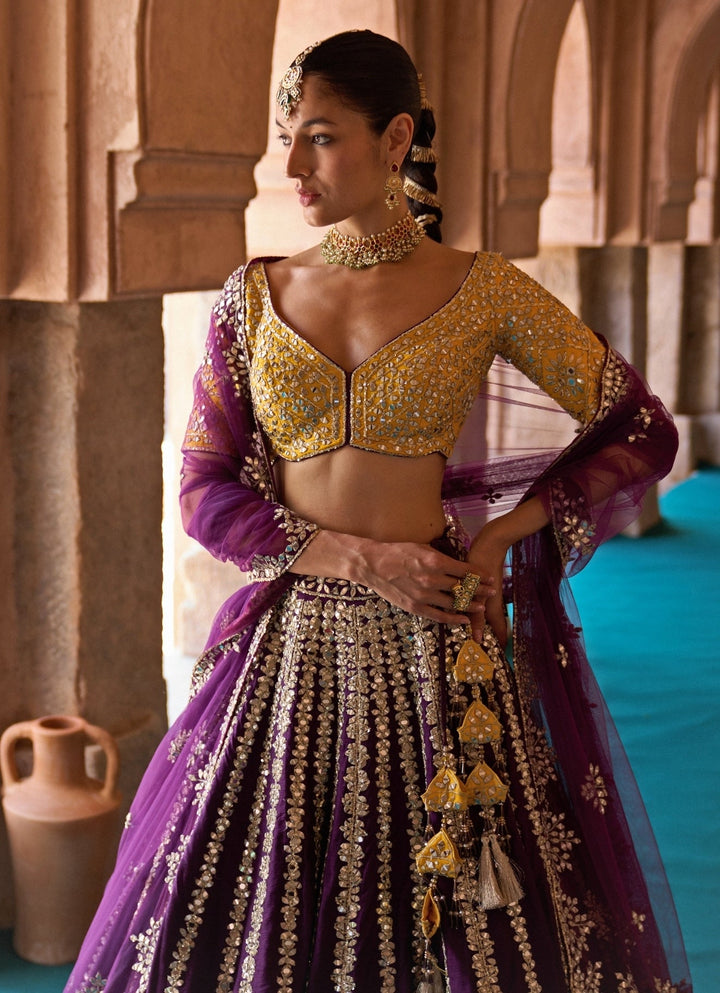 Angad Singh Purple And Yellow Raw Silk Lehenga SetFabilicious Fashion
