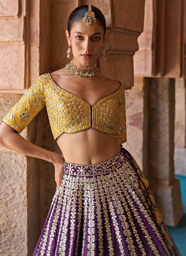 Angad Singh Purple And Yellow Raw Silk Lehenga SetFabilicious Fashion