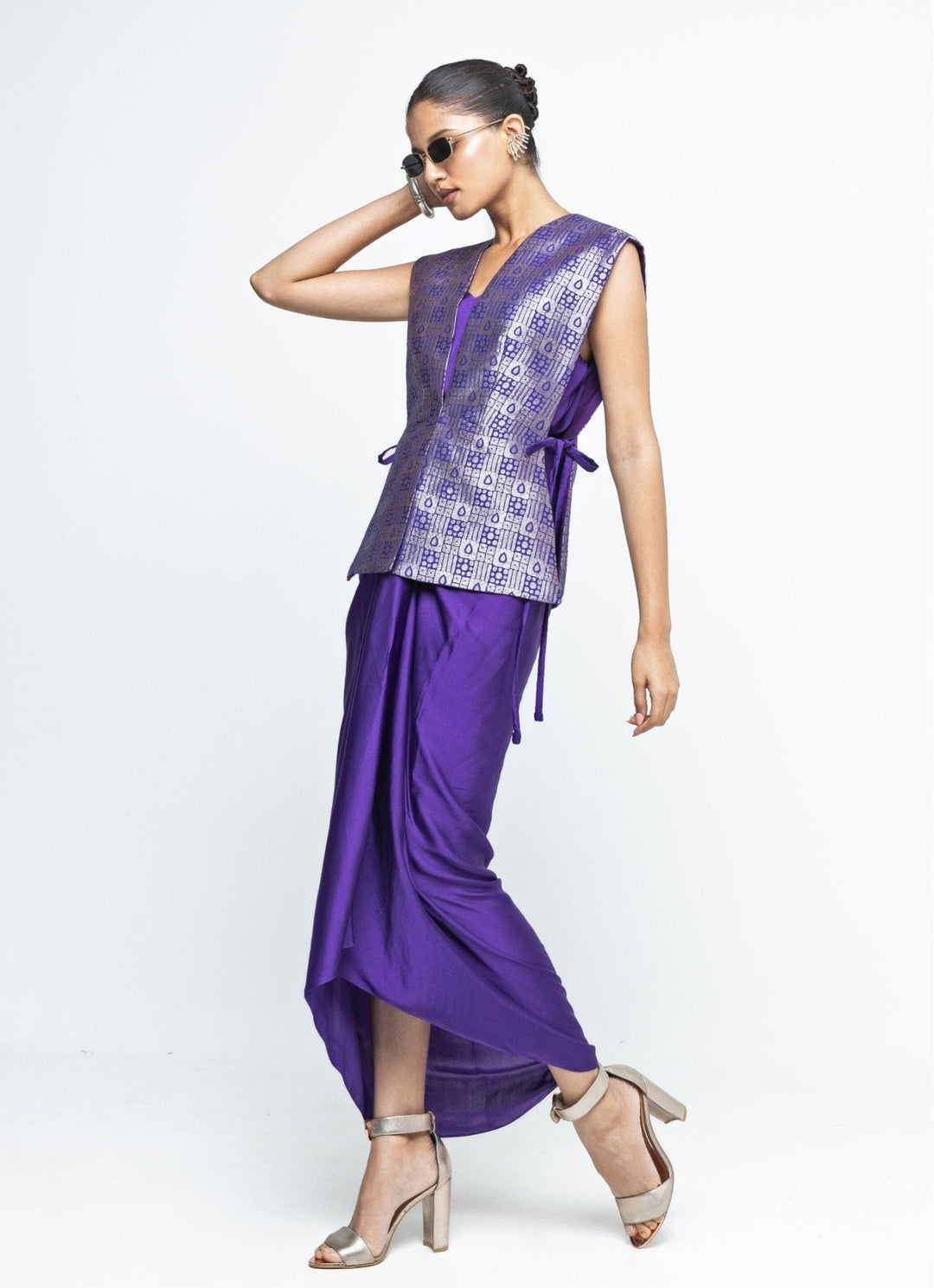 Purple Asymmetrical Dress With Brocade Silk Gilet Sobariko - Fabilicious Fashion