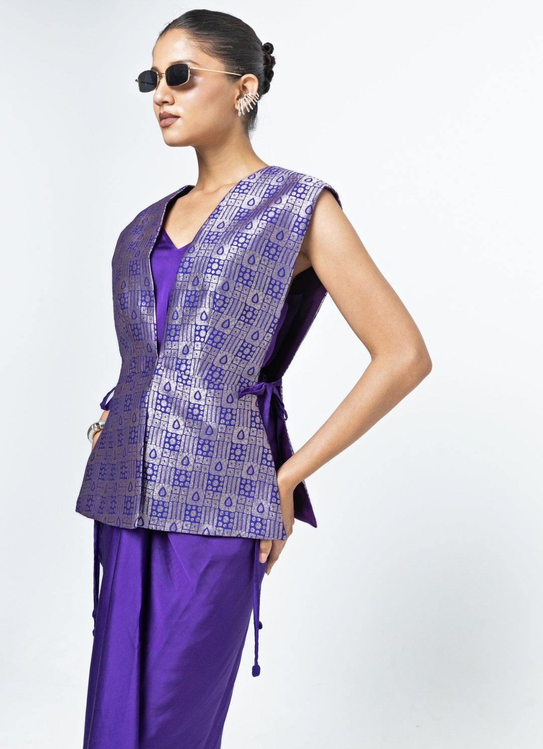 Purple Asymmetrical Dress With Brocade Silk Gilet Sobariko - Fabilicious Fashion