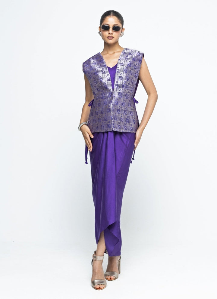 Purple Asymmetrical Dress With Brocade Silk Gilet Sobariko - Fabilicious Fashion