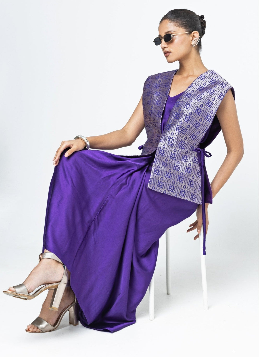 Purple Asymmetrical Dress With Brocade Silk Gilet Sobariko - Fabilicious Fashion