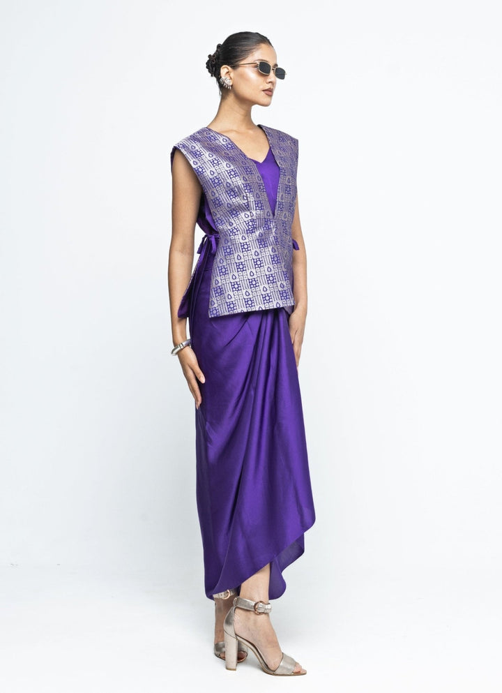 Purple Asymmetrical Dress With Brocade Silk Gilet Sobariko - Fabilicious Fashion