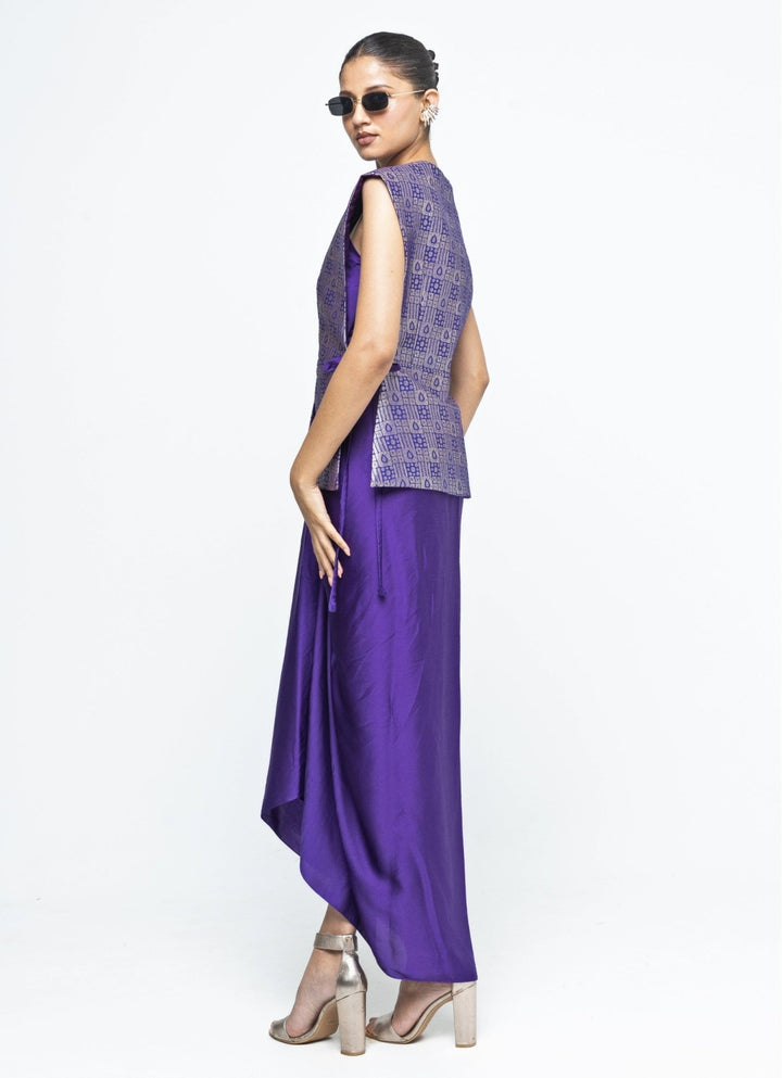Purple Asymmetrical Dress With Brocade Silk Gilet Sobariko - Fabilicious Fashion
