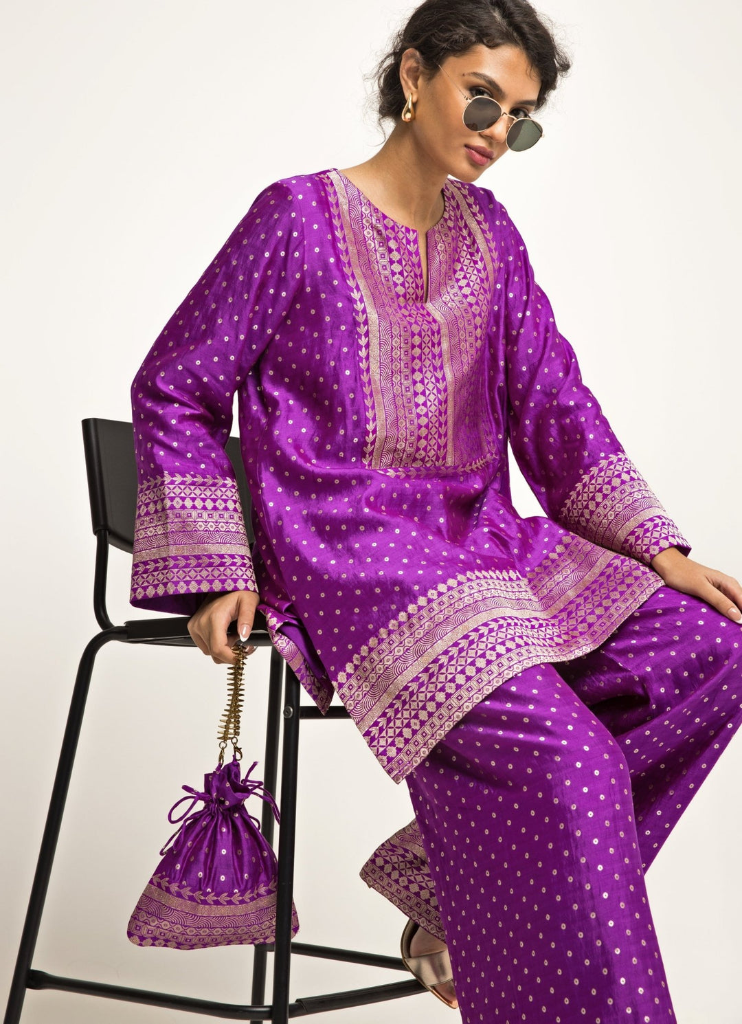 Purple Banarasi Dotted Silk Kurta Pants Set Sobariko - Fabilicious Fashion