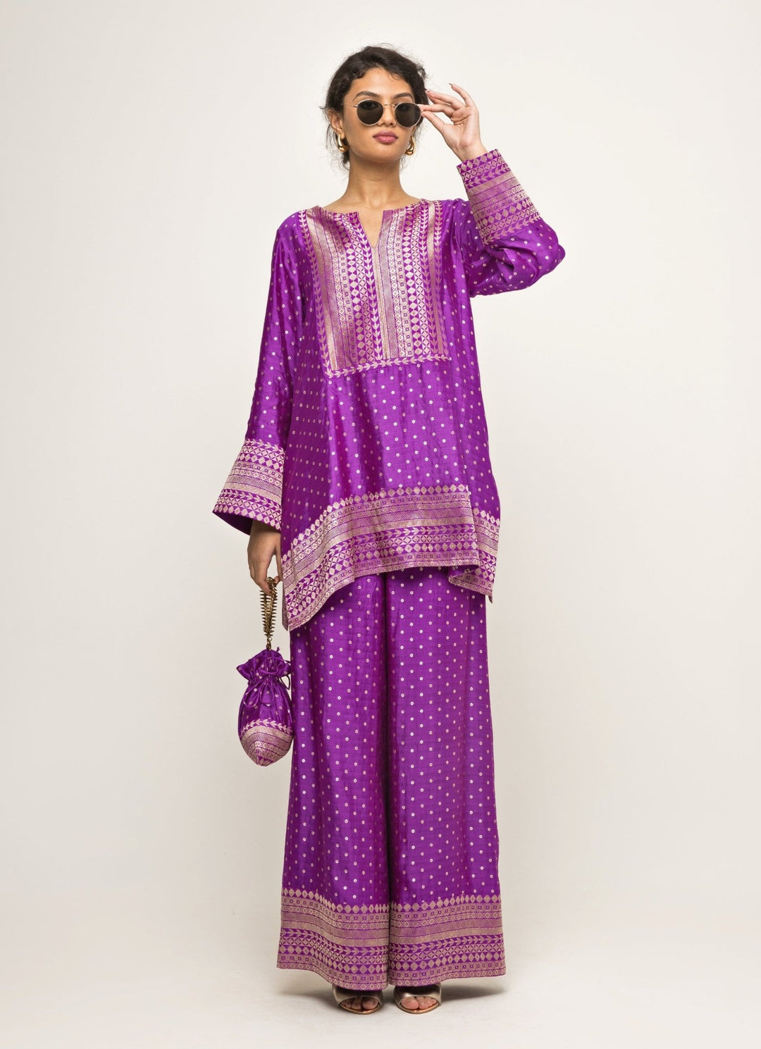 Purple Banarasi Dotted Silk Kurta Pants Set Sobariko - Fabilicious Fashion