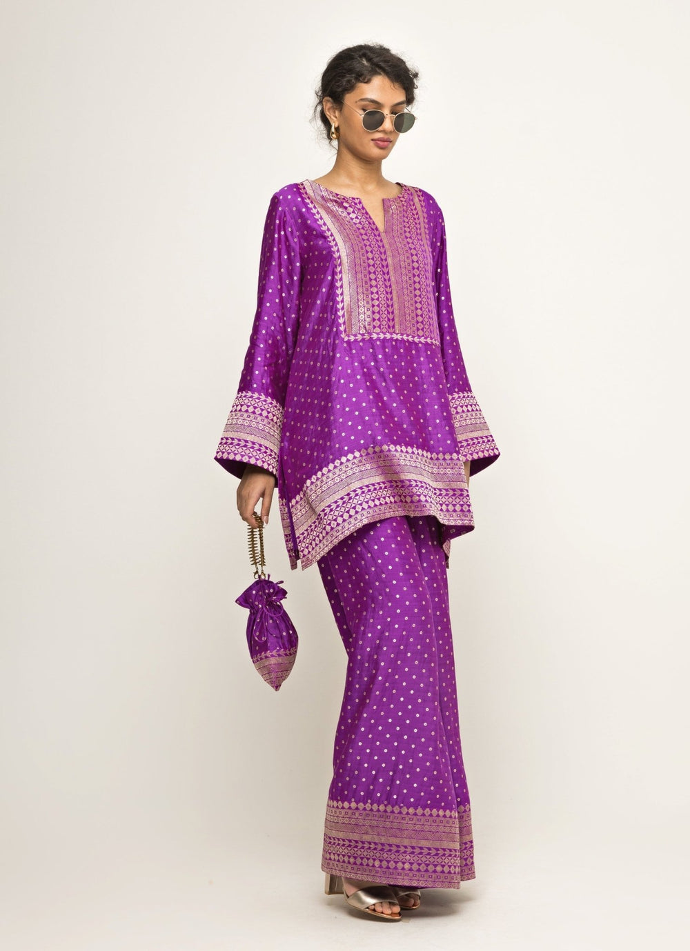 Purple Banarasi Dotted Silk Kurta Pants Set Sobariko - Fabilicious Fashion