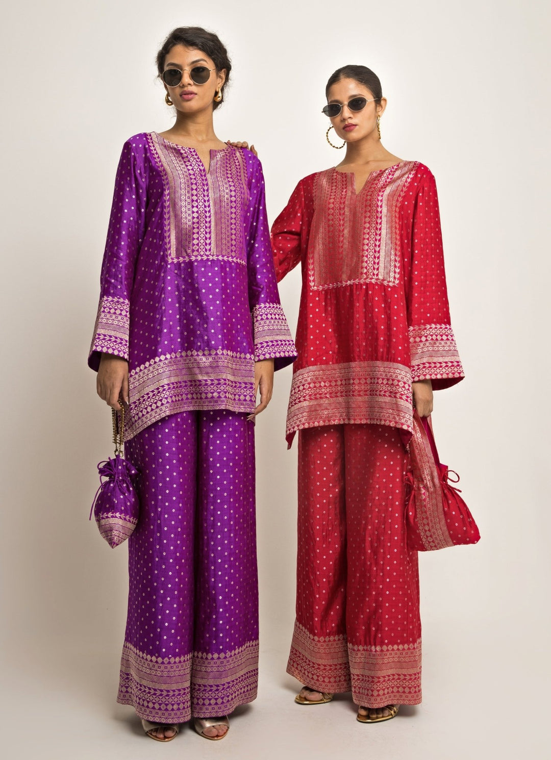 Purple Banarasi Dotted Silk Kurta Pants Set Sobariko - Fabilicious Fashion