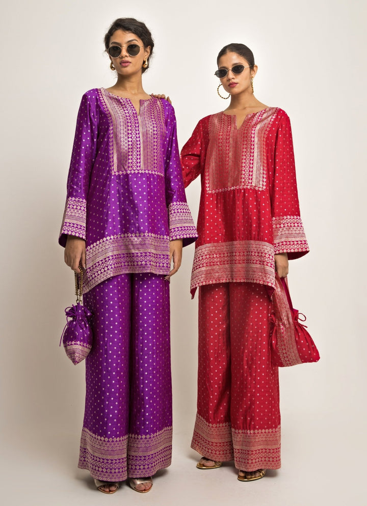 Purple Banarasi Dotted Silk Kurta Pants Set Sobariko - Fabilicious Fashion