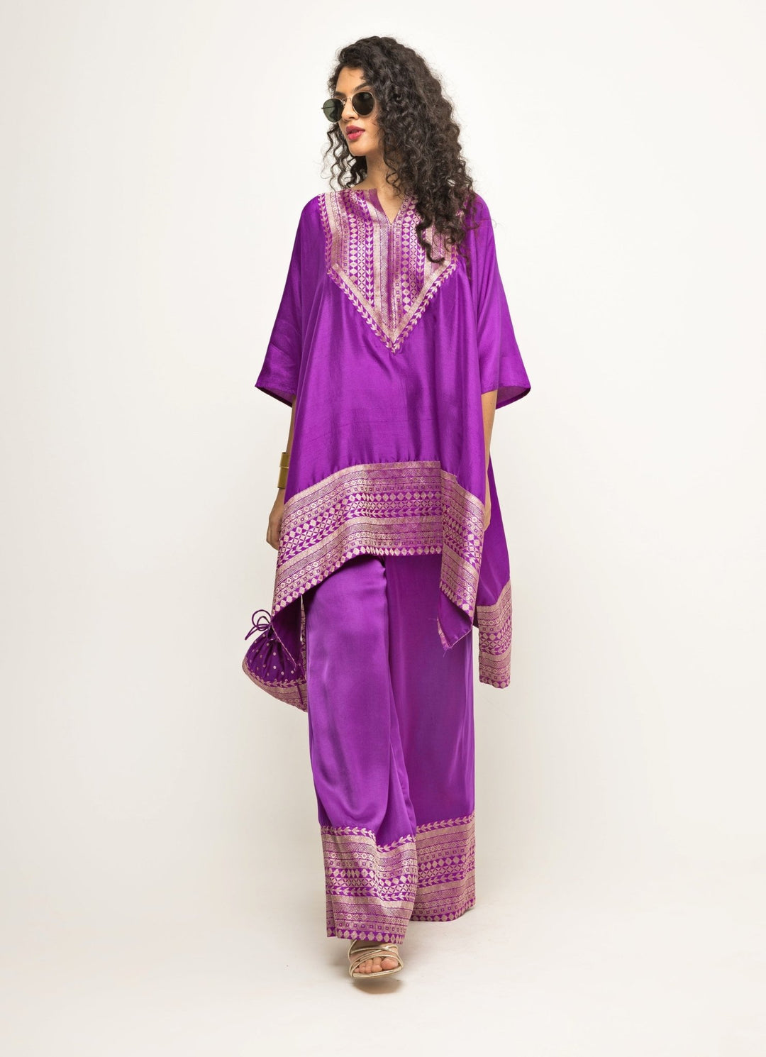 Purple Banarasi Silk Asymmetric Kurta Pants Sobariko - Fabilicious Fashion