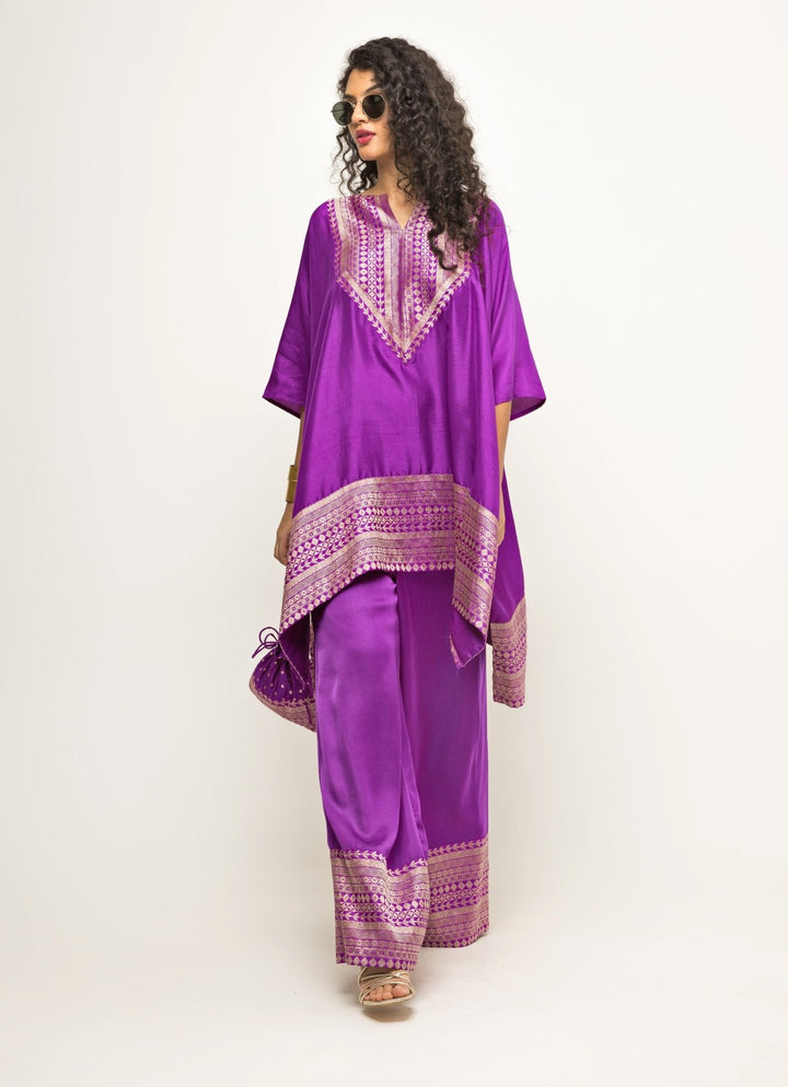Purple Banarasi Silk Asymmetric Kurta Pants Sobariko - Fabilicious Fashion