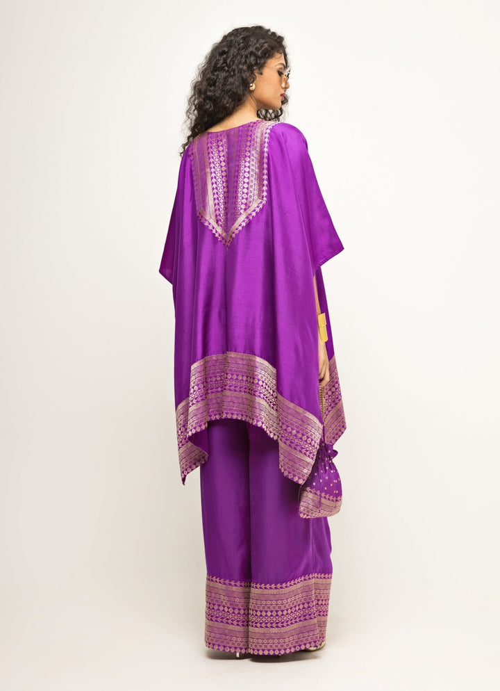 Purple Banarasi Silk Asymmetric Kurta Pants Sobariko - Fabilicious Fashion