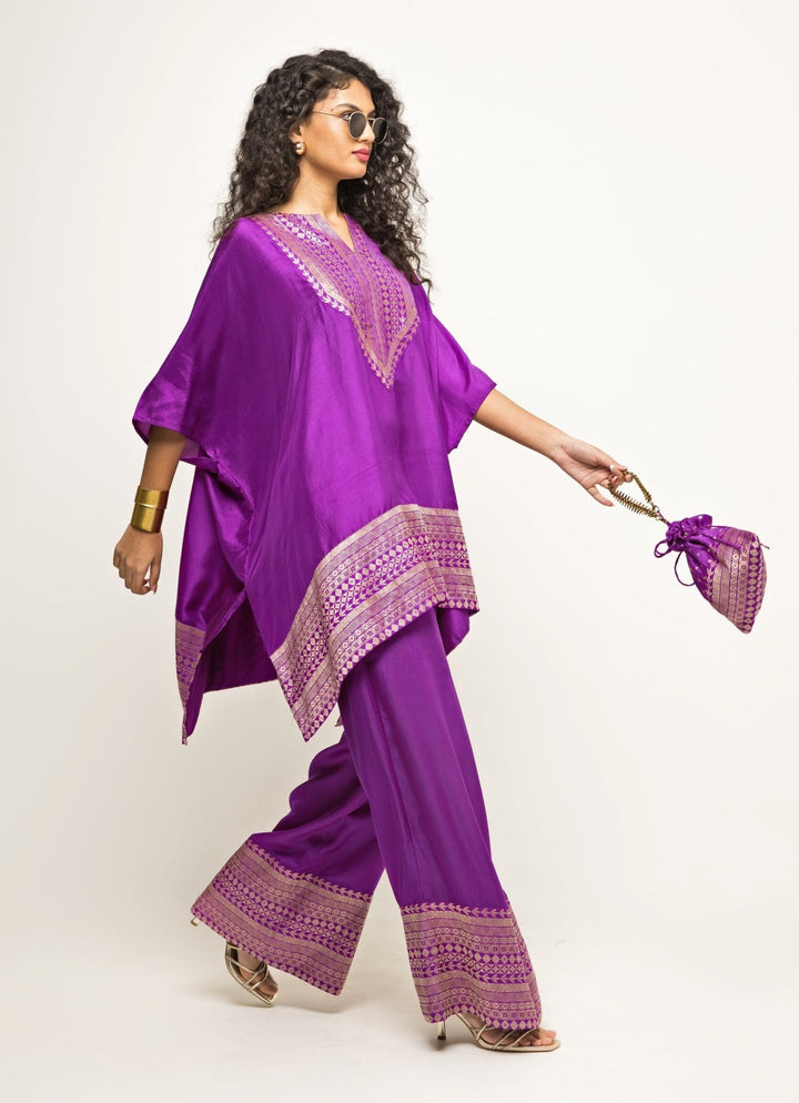 Purple Banarasi Silk Asymmetric Kurta Pants Sobariko - Fabilicious Fashion