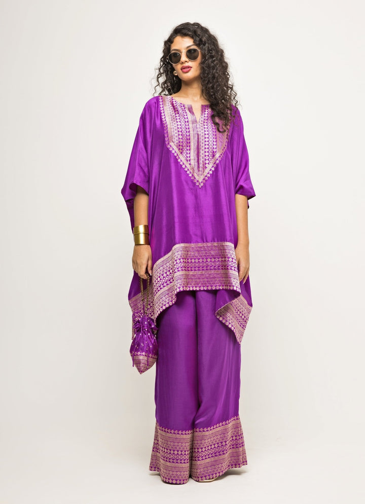 Purple Banarasi Silk Asymmetric Kurta Pants Sobariko - Fabilicious Fashion