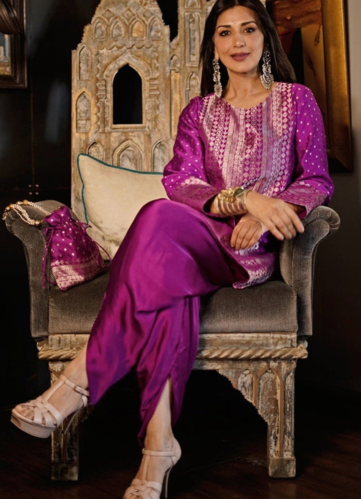 Purple Banarasi Silk Kurta Dhoti Set Sobariko - Fabilicious Fashion