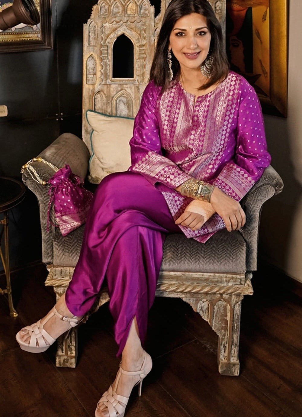 Purple Banarasi Silk Kurta Dhoti Set Sobariko - Fabilicious Fashion