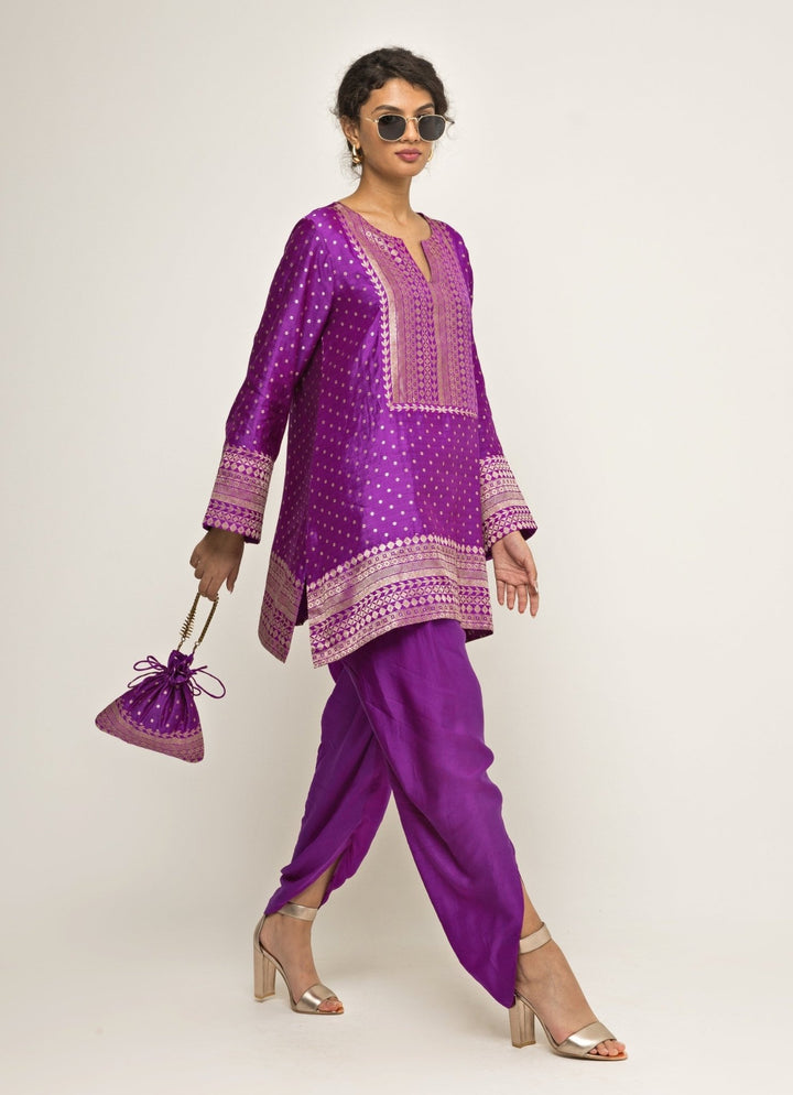 Purple Banarasi Silk Kurta Dhoti Set Sobariko - Fabilicious Fashion