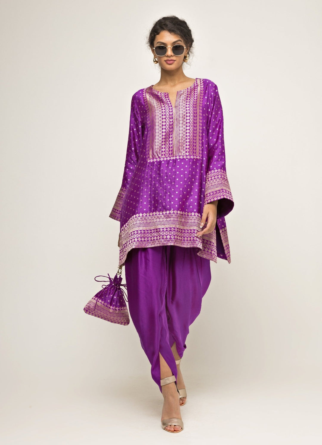 Purple Banarasi Silk Kurta Dhoti Set Sobariko - Fabilicious Fashion