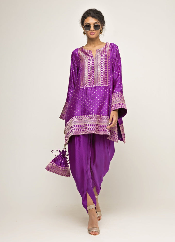 Purple Banarasi Silk Kurta Dhoti Set Sobariko - Fabilicious Fashion