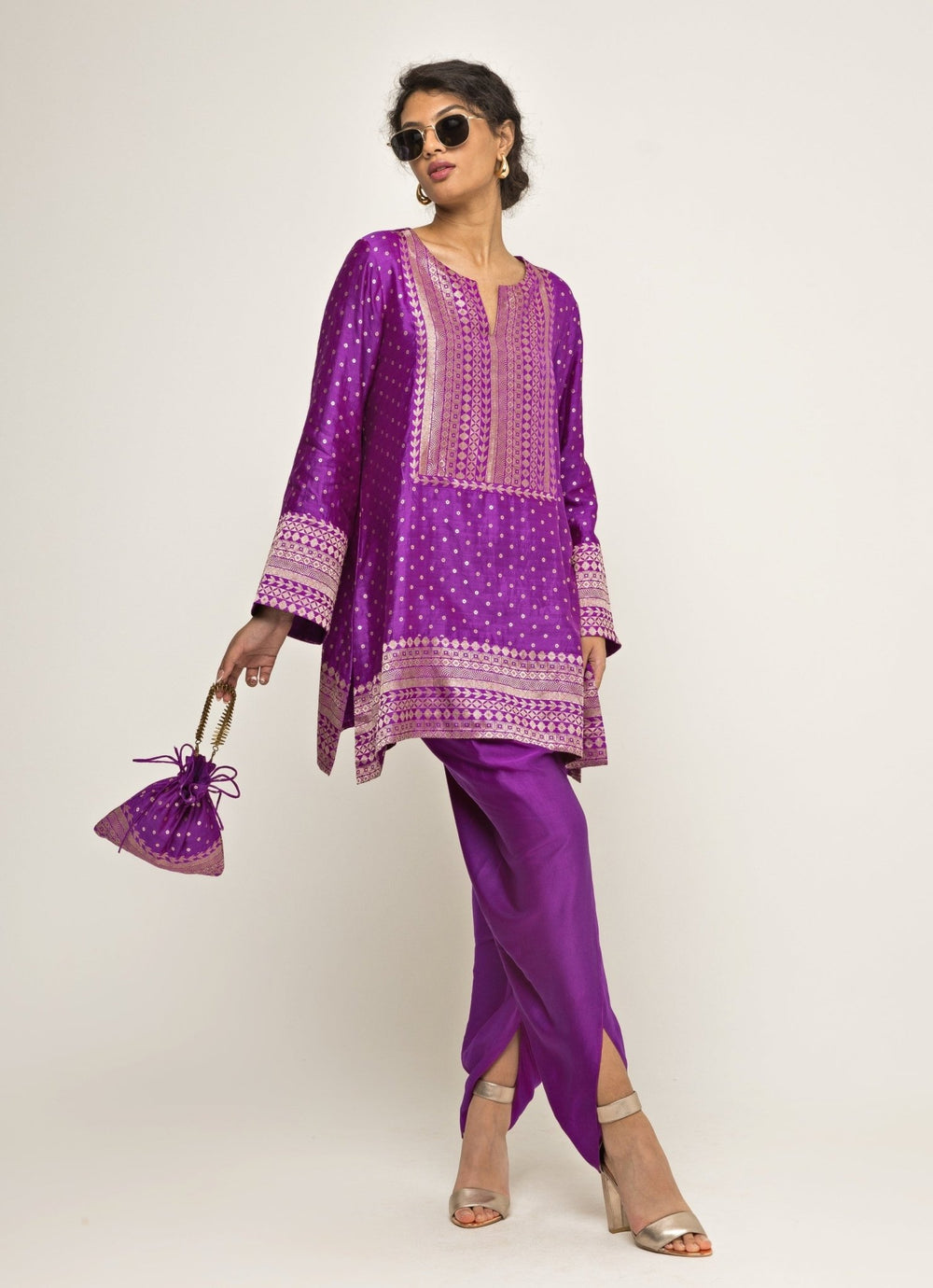 Purple Banarasi Silk Kurta Dhoti Set Sobariko - Fabilicious Fashion
