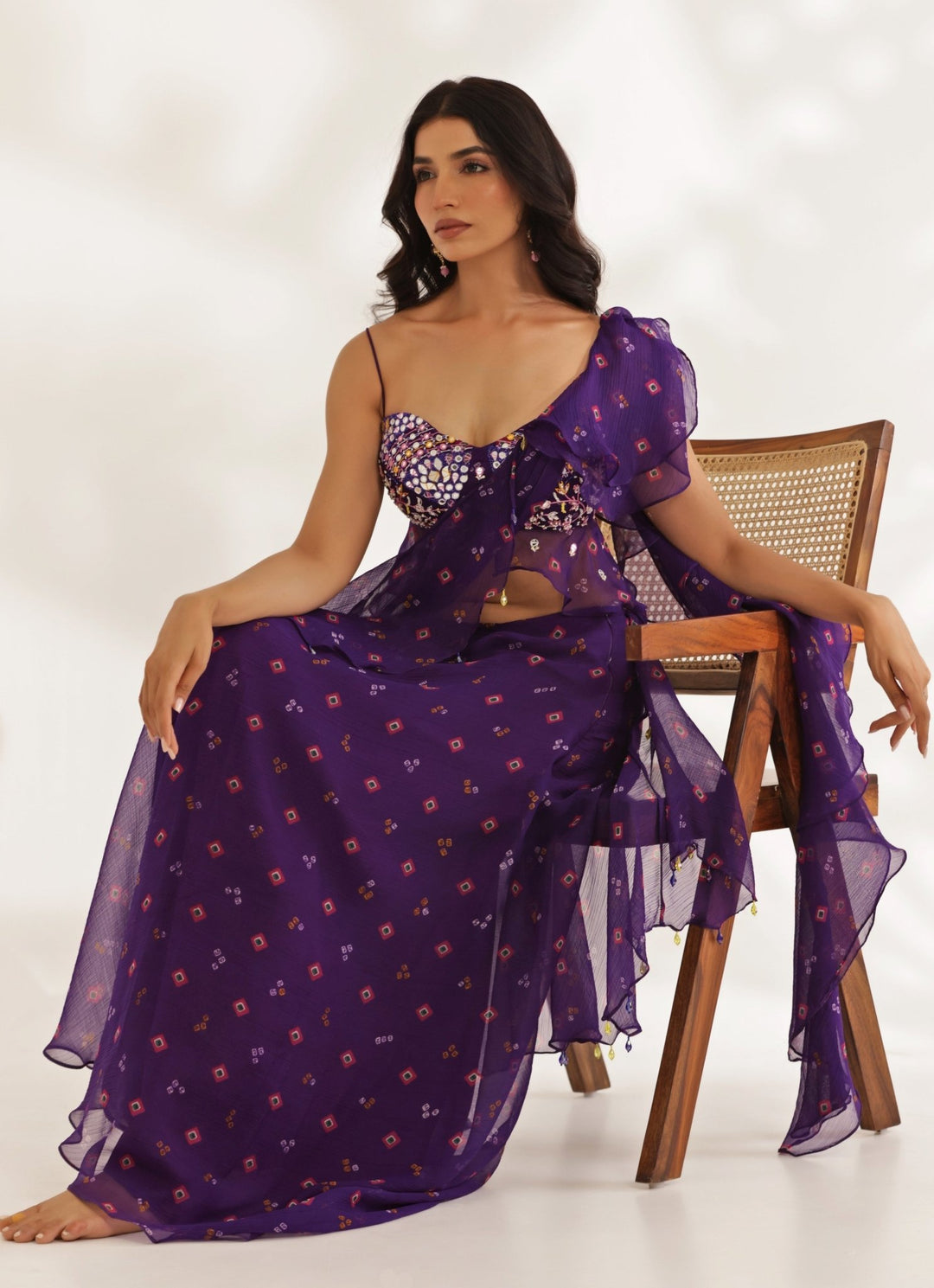 Purple Bandhani Predraped Chiffon Saree With Peplum Blouse Manisha Soni - Fabilicious Fashion