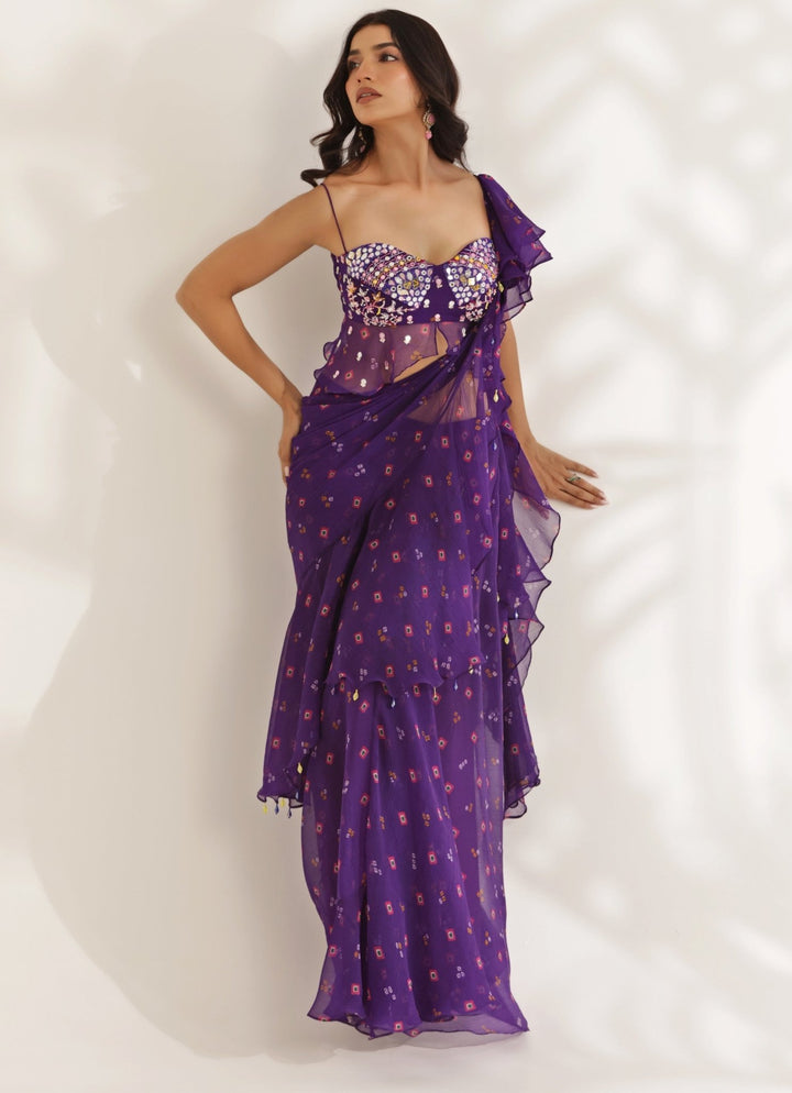 Purple Bandhani Predraped Chiffon Saree With Peplum Blouse Manisha Soni - Fabilicious Fashion