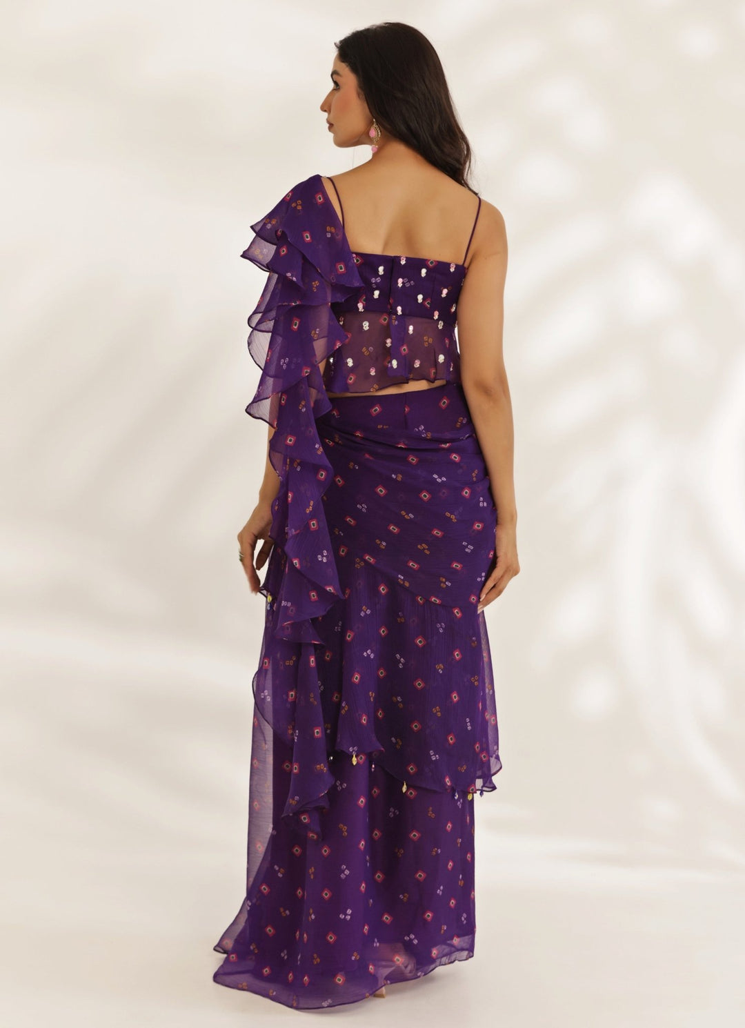 Purple Bandhani Predraped Chiffon Saree With Peplum Blouse Manisha Soni - Fabilicious Fashion