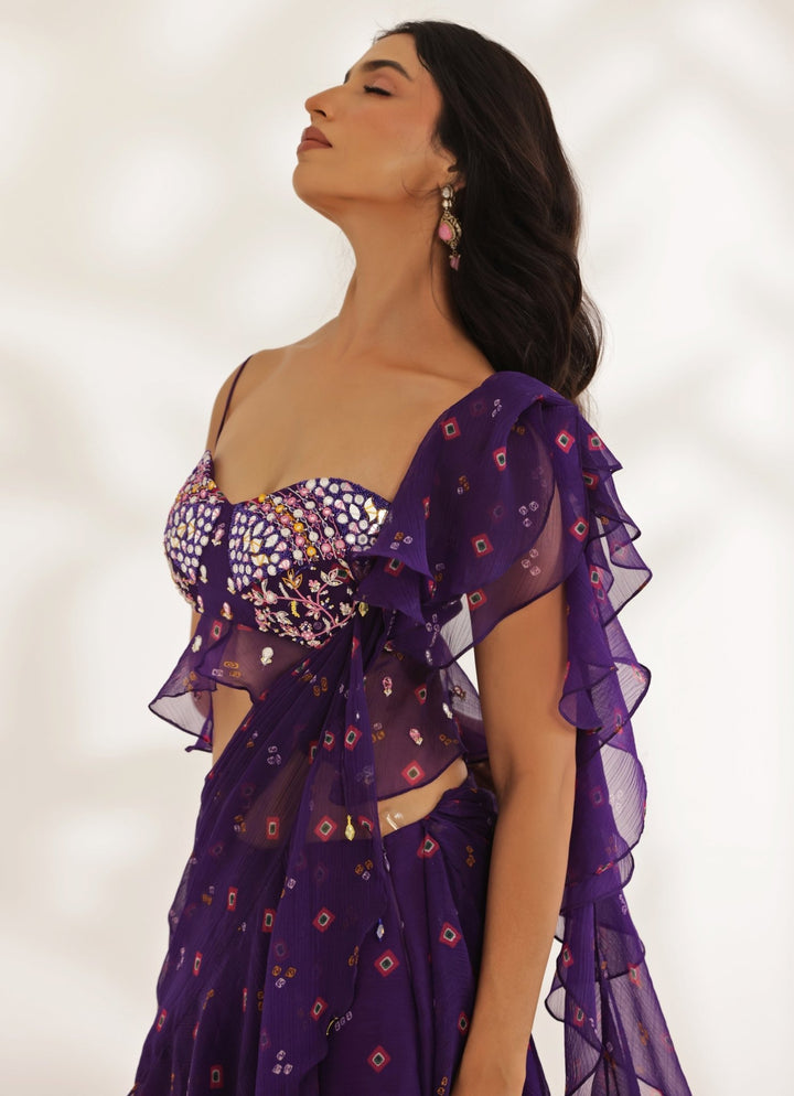Purple Bandhani Predraped Chiffon Saree With Peplum Blouse Manisha Soni - Fabilicious Fashion