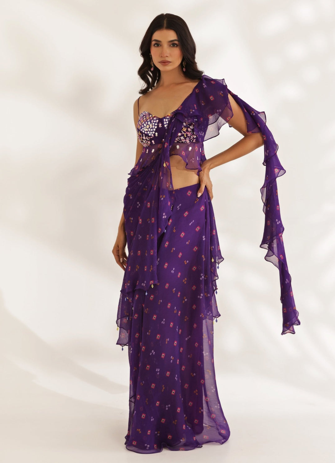 Purple Bandhani Predraped Chiffon Saree With Peplum Blouse Manisha Soni - Fabilicious Fashion