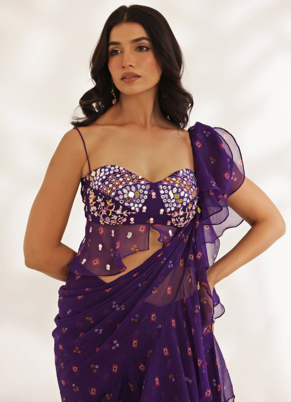 Purple Bandhani Predraped Chiffon Saree With Peplum Blouse Manisha Soni - Fabilicious Fashion